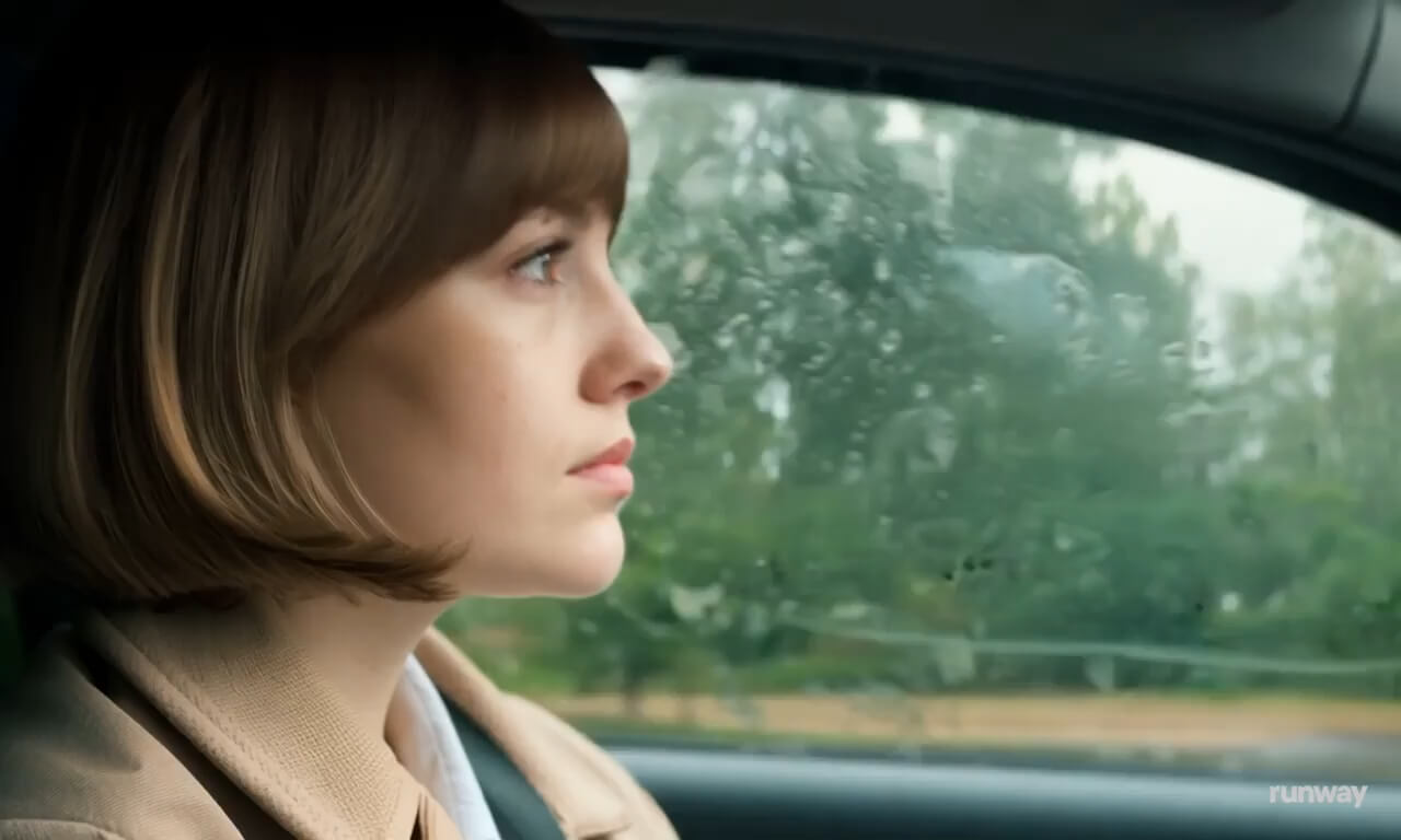 A close-up shot of a young woman driving a car