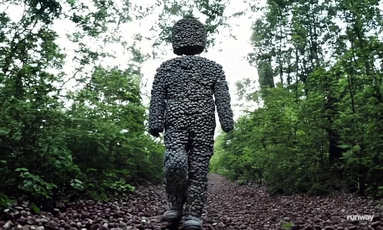 A man made of rocks walking in the forest