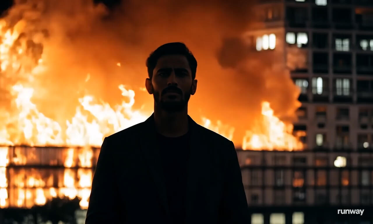 A man standing in front of a burning building giving the 'th