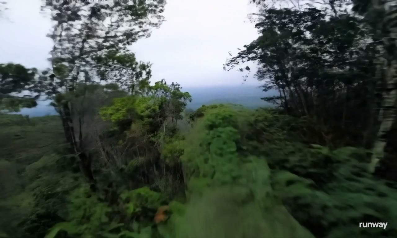 Aerial shot of a drone moving fast in a dense green jungle