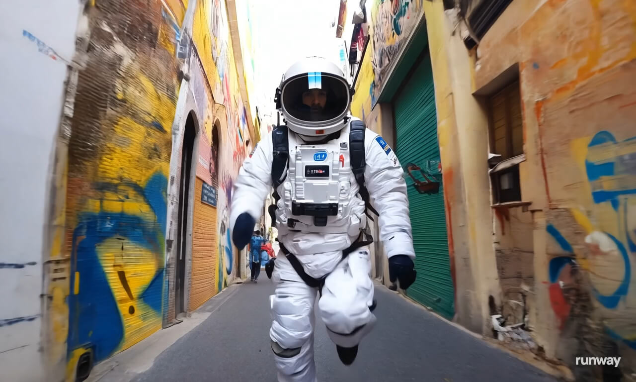 An astronaut running through an alley in Rio de Janeiro