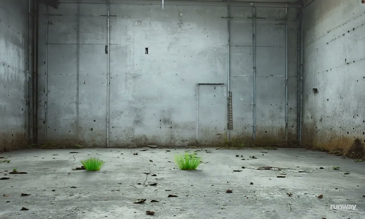 An empty warehouse where flowers start blooming from the con