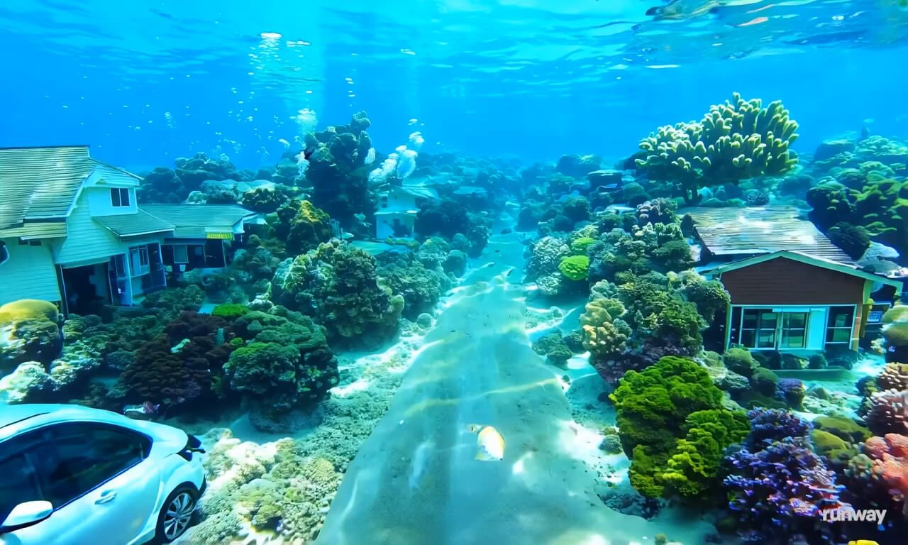 FPV flying through a colorful coral lined streets of an unde