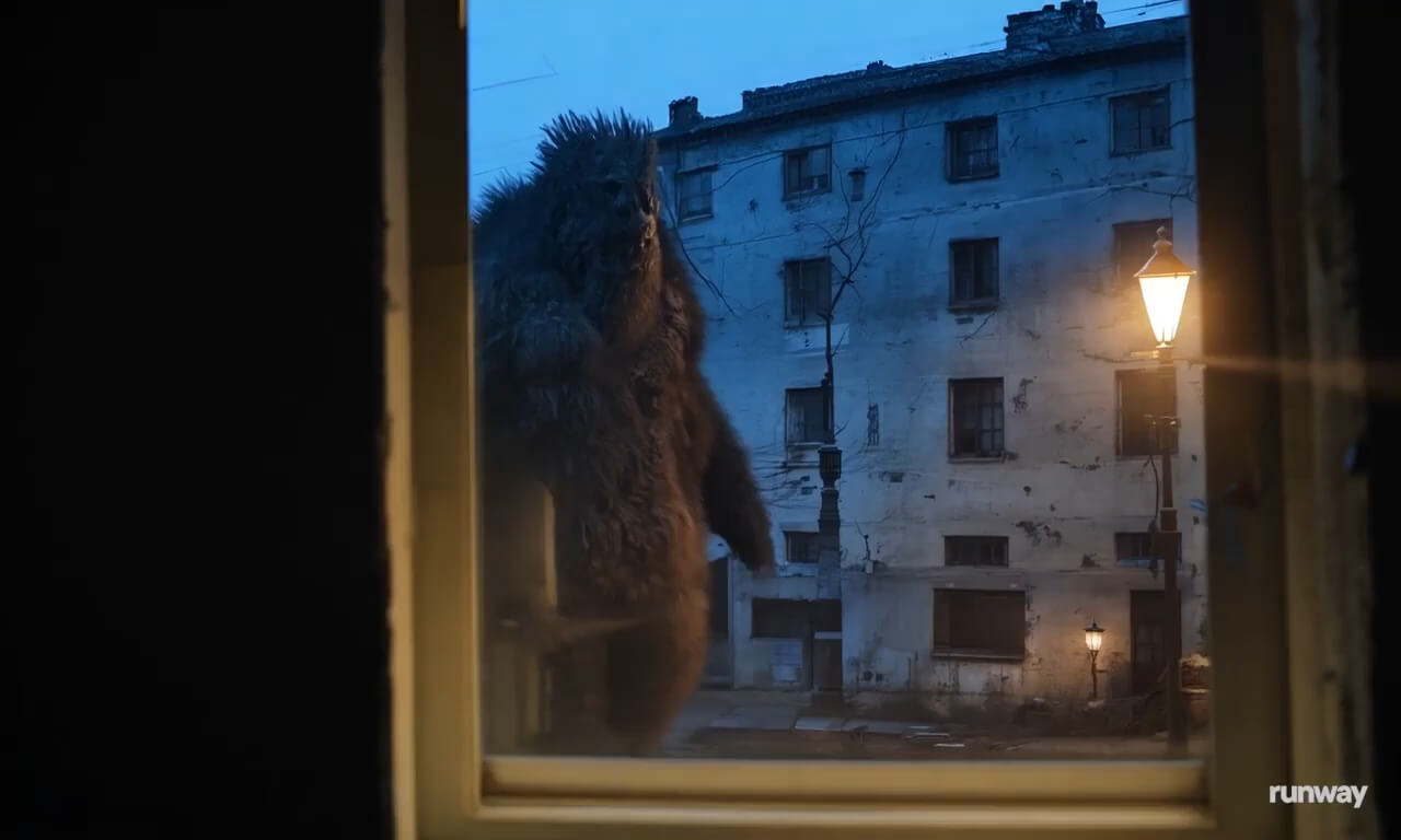 View out a window of a giant strange creature walking in run